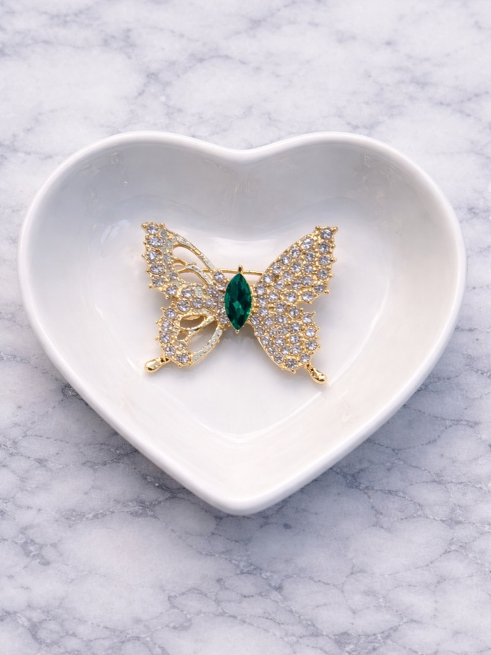 Gold Tone Butterfly Brooch Rhinestone Crystal Emerald Green Accent Pin